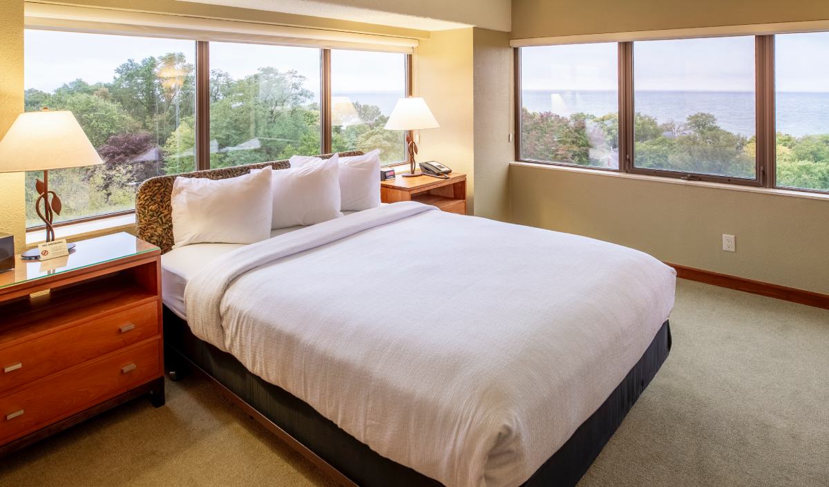 Corner room with a view of Lake Michigan at The Boulevard Inn in St. Joseph, Michigan.