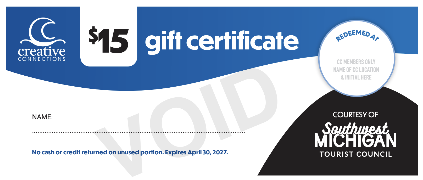 $15 gift card to a Creative Connections destination of your choice.