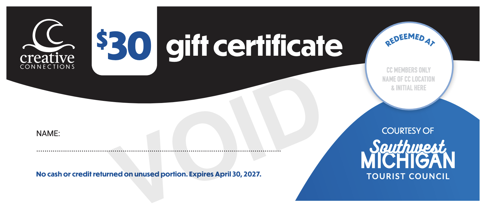 $30 gift card to a Creative Connections destination of your choice.